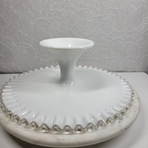 Vtg Fenton Silver Crest Milk Glass Cake Stand 12.75” Ruffled Edge Pedestal Plate - Picture 13 of 16